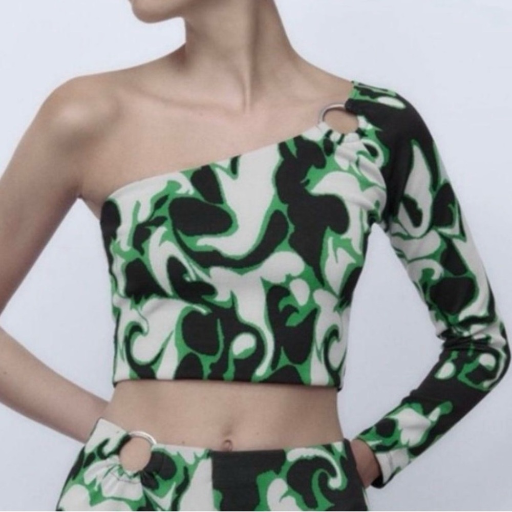 Green and Black Abstract One-Shoulder Top
